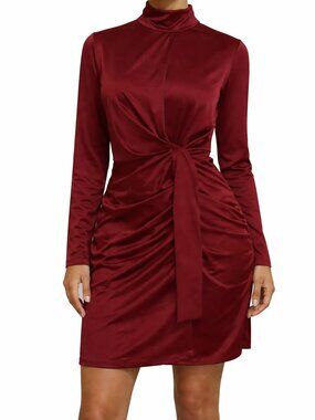 Fashion Nova Burgundy Ruched Long Sleeve Dress | Elegant Mock Neck | Size L |NWT